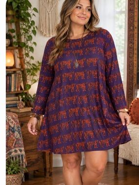 Purple Tunic Dress with Orange Tiger Print
